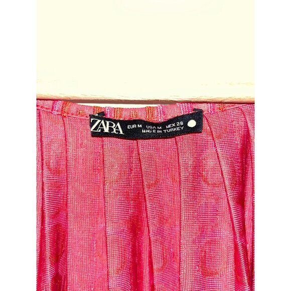 Zara Red Long Sleeve V-Neck 70's Retro Print midi Dress Women's Size M - Picture 4 of 9